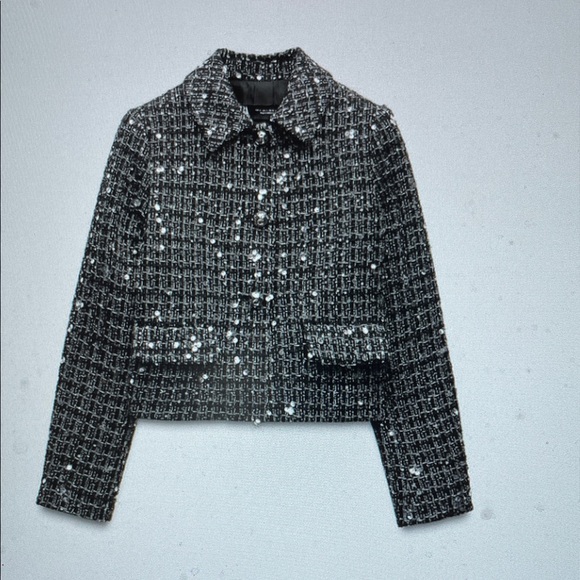 Zara Women's sequin accented Black and White Tweed Jacket  - new- stunning - Picture 4 of 8
